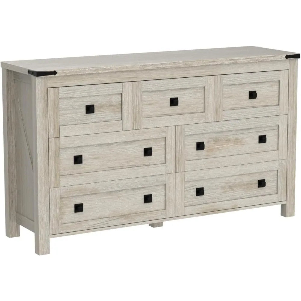 Farmhouse 7 Drawers Tv Stand, Wood Rustic, Storage Dressers Organizer for Bedroom, Living Room,Hallway, Light Rustic Oak