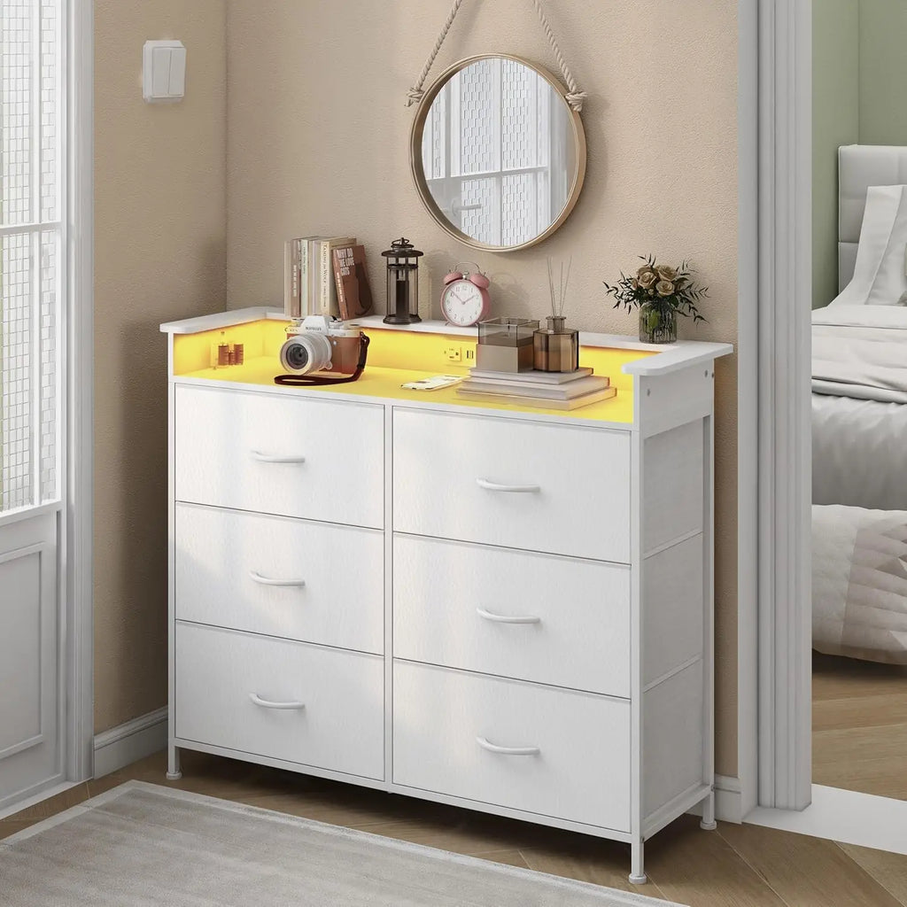 White Dresser For Bedroom With Charing Station And Led Light 6 Drawer Dresser With Pu Finish Fabric Chest Of Drawers For Closet