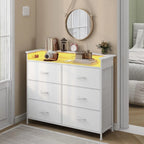 White Dresser For Bedroom With Charing Station And Led Light 6 Drawer Dresser With Pu Finish Fabric Chest Of Drawers For Closet