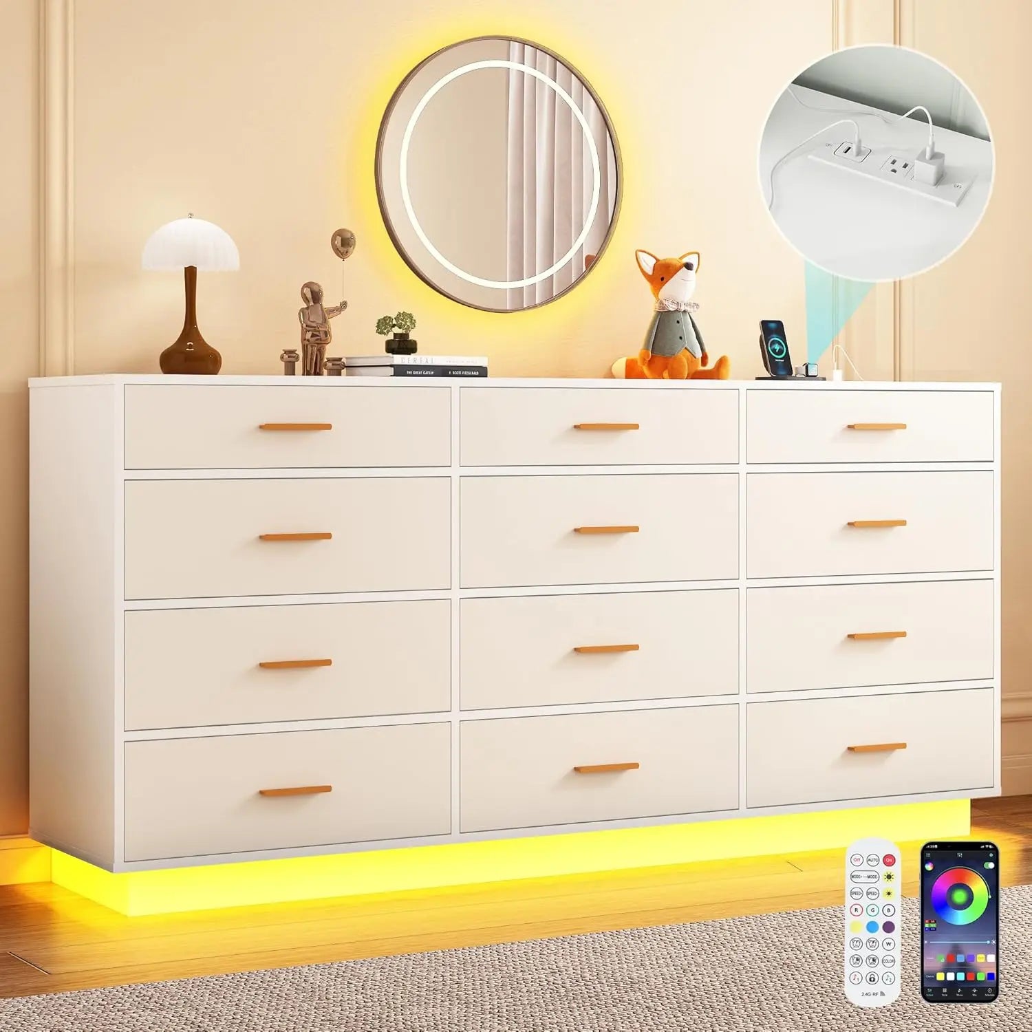 White 12 Drawers Dresser w/Power Outlet,60000-Colors Lights,63In Long Dresser Chest for Bedroom,Wooden Tall Large Capacity