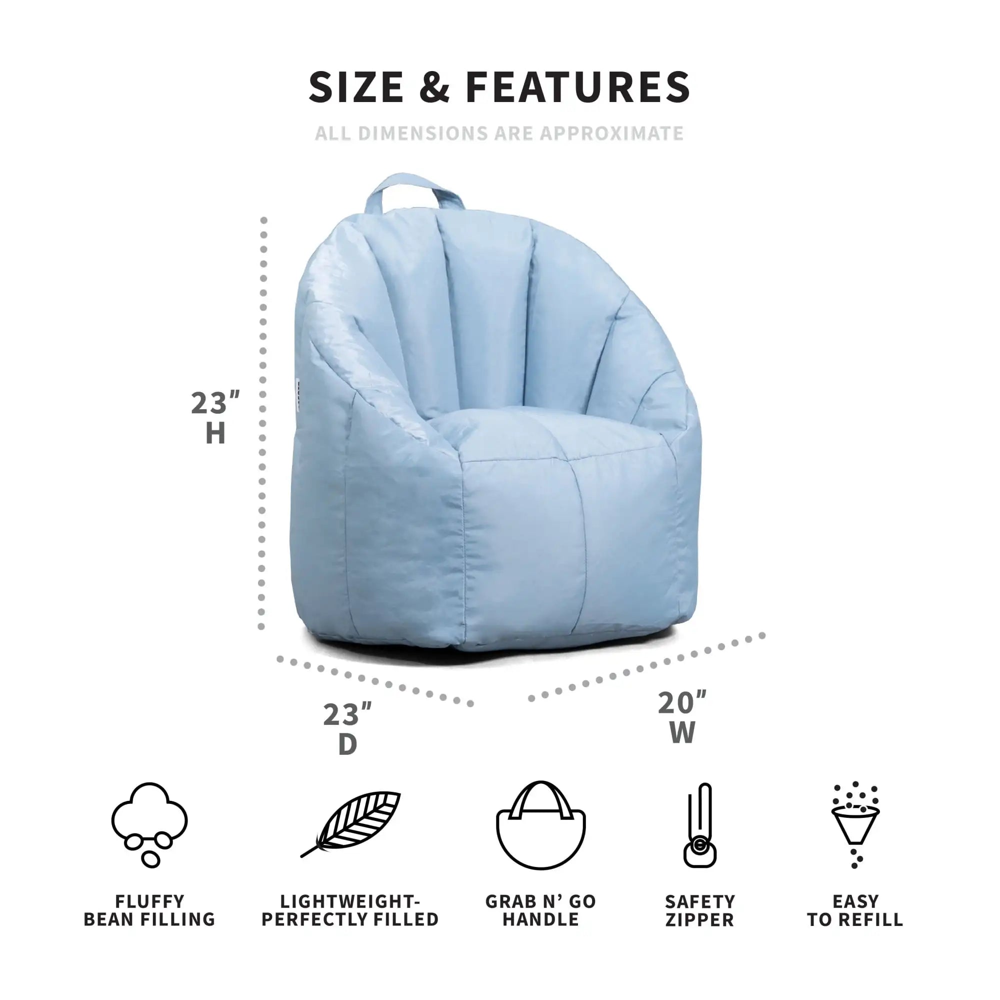 Kids Bean Bag Chair, 1.5 Feet, Durable Polyester Nylon Blend, Blue Fog