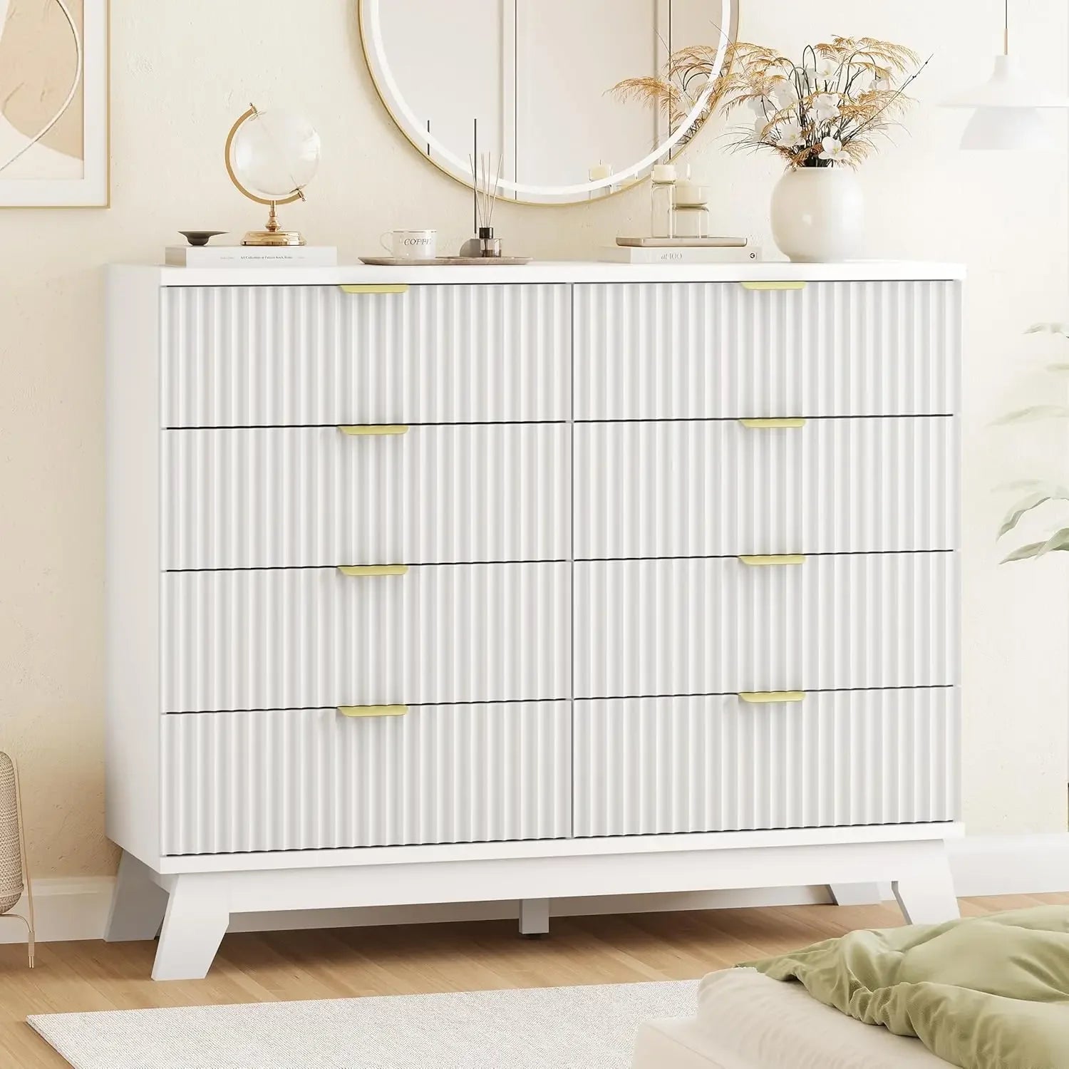 Fluted Dresser for Bedroom with 8 Drawers, 48" Wide Modern Chest of Drawers with Metal Handle, Wooden Dresser TV Stand, Wood
