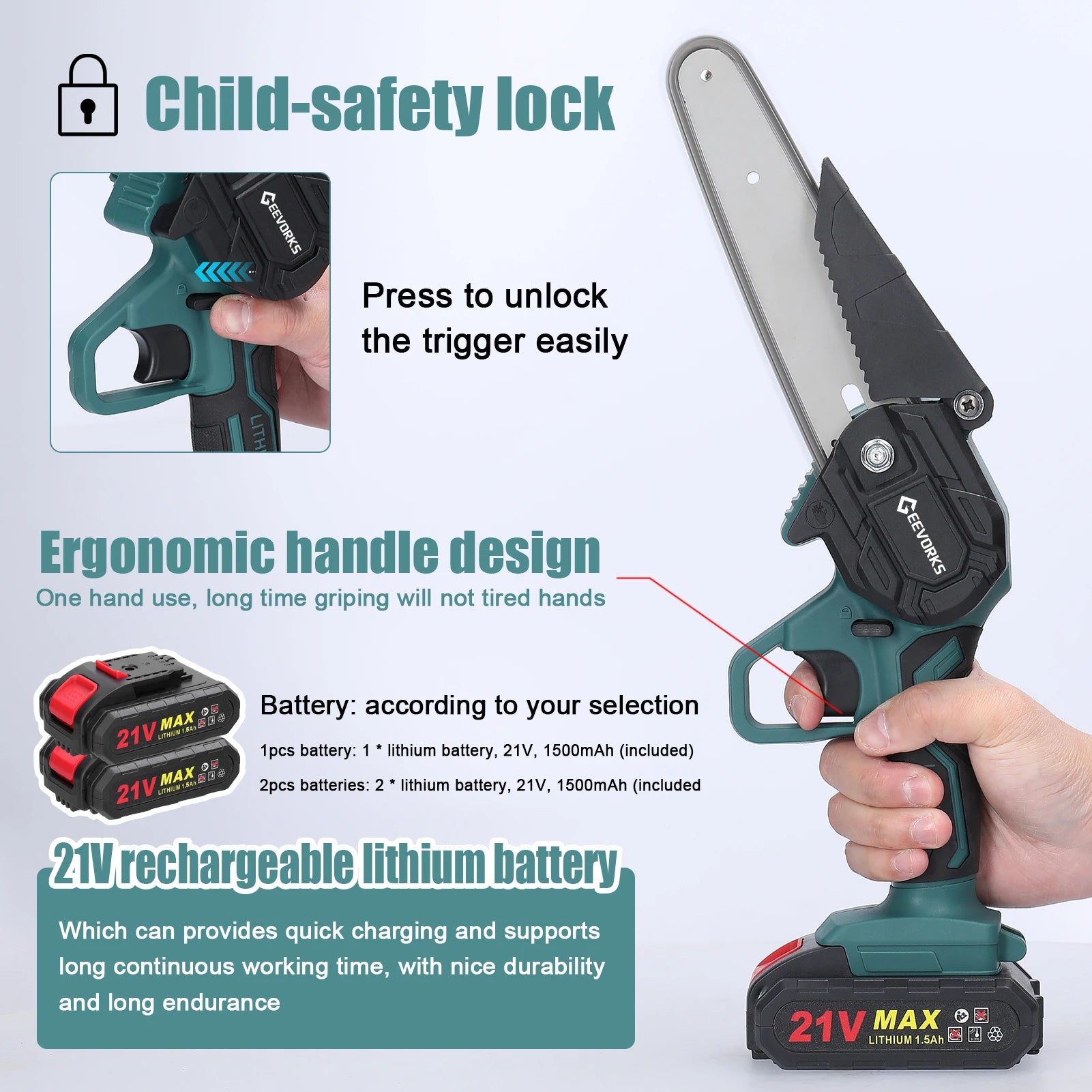 Geevorks 6 Inch Chain Saw Cordless Handheld Pruning Chainsaw Woodworking Electric Saw Cutting Power Tools