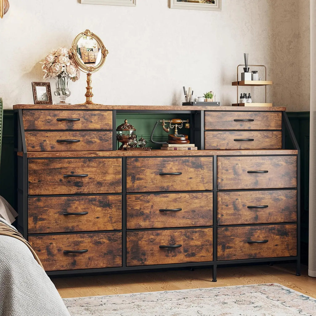55" W White Dresser for Bedroom, Dressers & Chests of Drawers with 13 Fabric Drawers and 2 Open Shelves, White Dresser