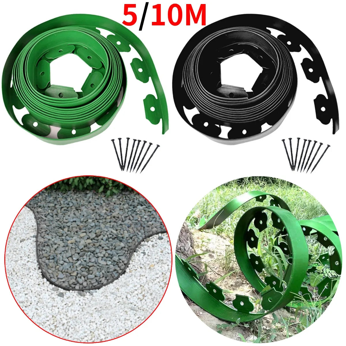 5/10M Fixed Garden Barrier Lawn Grass Edging Border Plastic Landscape Grass Stone Isolation Strip with 15/30 Anchoring Spikes ﻿