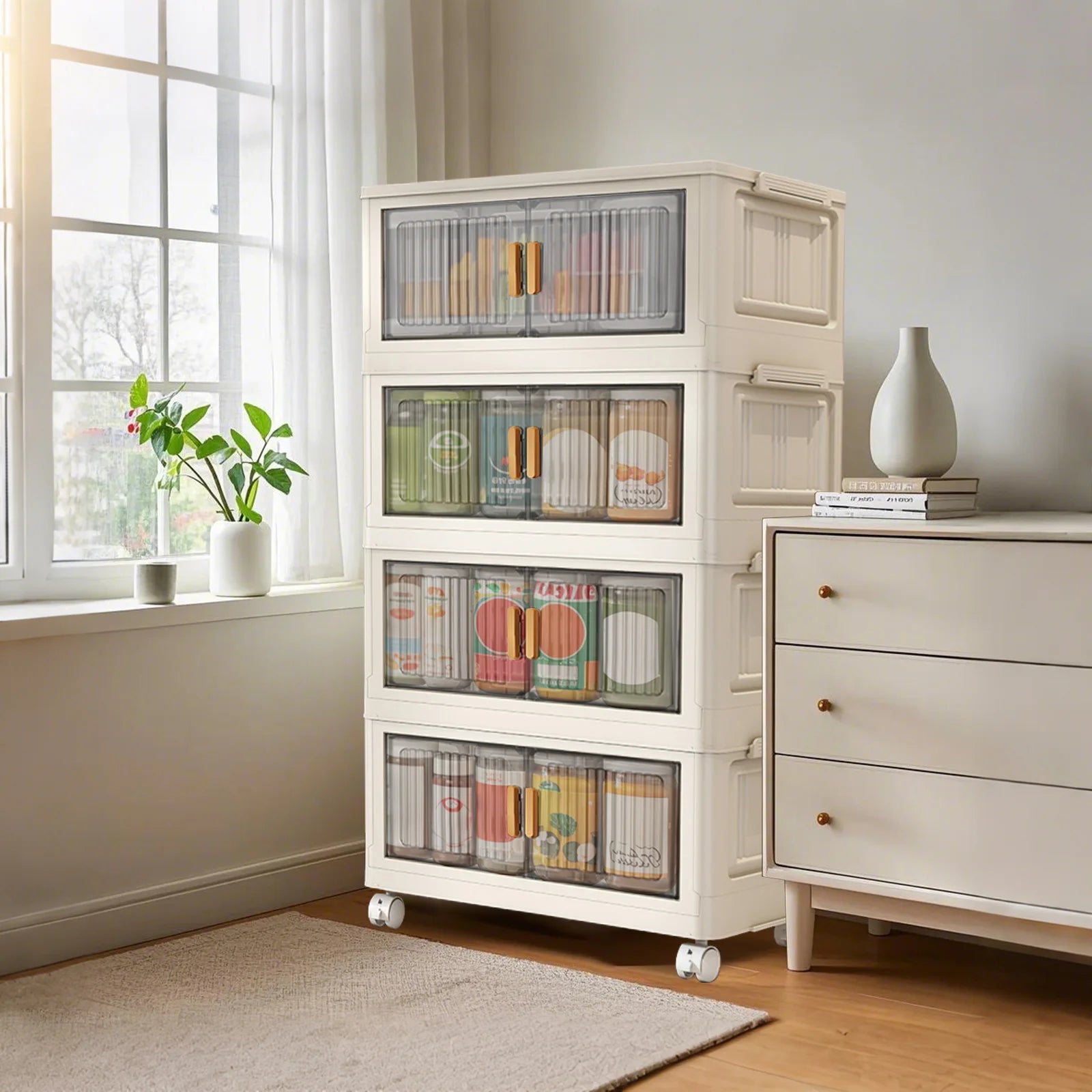 Plastic Folding Storage Cabinet, Multi-Shelf Organizer for Bedroom & Living Room, Compact Household Storage Cabinet