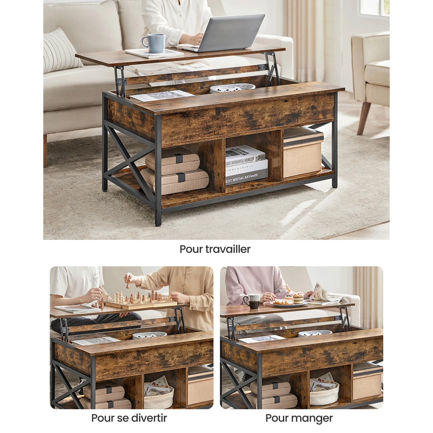 VASAGLE Coffee Table, Lift-Top Table Coffee Table for Living Room, Coffee Table with Open and Hidden Storage, X-Shaped Bars