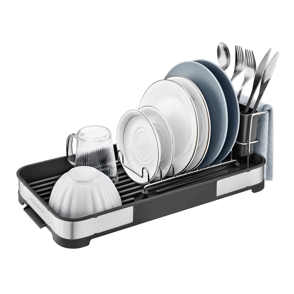 SONGMICS Small Dish Drying Rack, Dish Dryer for Kitchen Counter, Stainless Steel Dish Rack with Drain, Utensil Holder,Rustproof