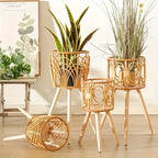 1pcs Indoor Woven Rattan Flower Stand Living Room Openwork Plant Basket Bamboo Woven Hanging Planter for Balcony Home Decor