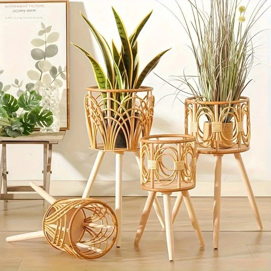 1pcs Indoor Woven Rattan Flower Stand Living Room Openwork Plant Basket Bamboo Woven Hanging Planter for Balcony Home Decor