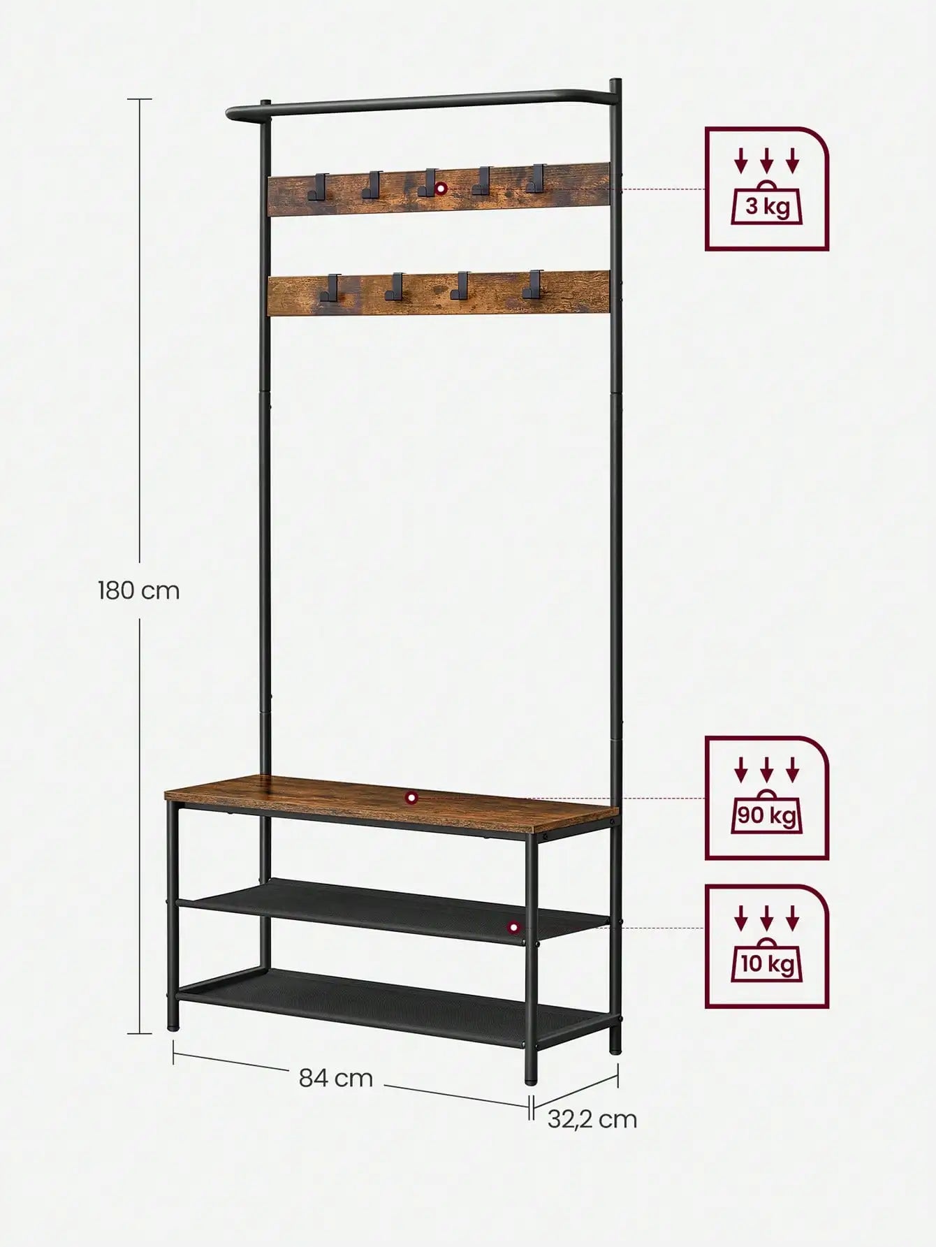 VASAGLE Coat Rack with Shoe Storage, Hall Tree Bench, 9 Hooks, Top Bar, 32.2 x 84 x 180 cm, Bedroom Organizer