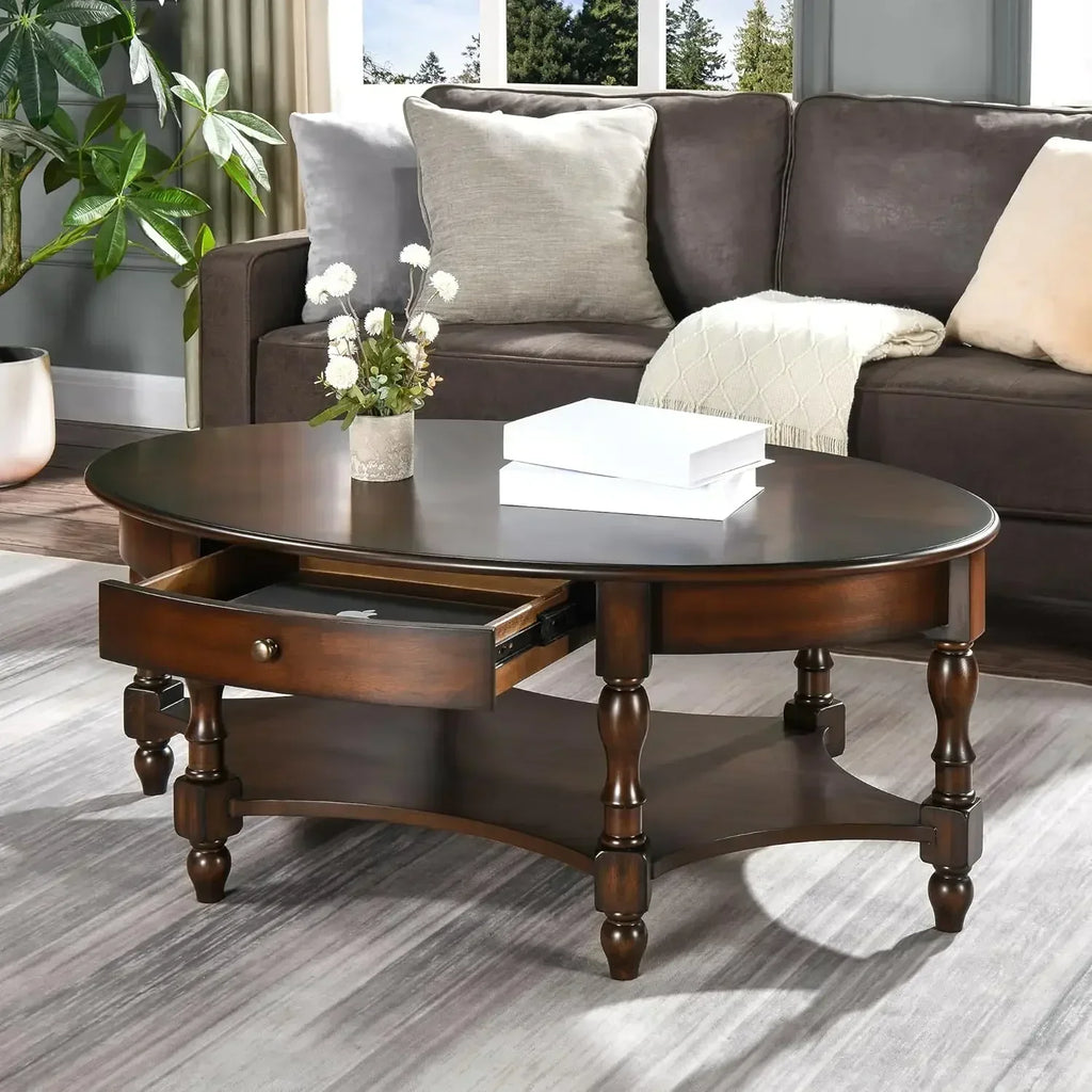 Solid Wood Coffee Table with Drawer and Storage Shelf, Traditional Living Room Cocktail Tea, Oval Center Carvings Side Vintage