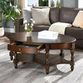 Solid Wood Coffee Table with Drawer and Storage Shelf, Traditional Living Room Cocktail Tea, Oval Center Carvings Side Vintage