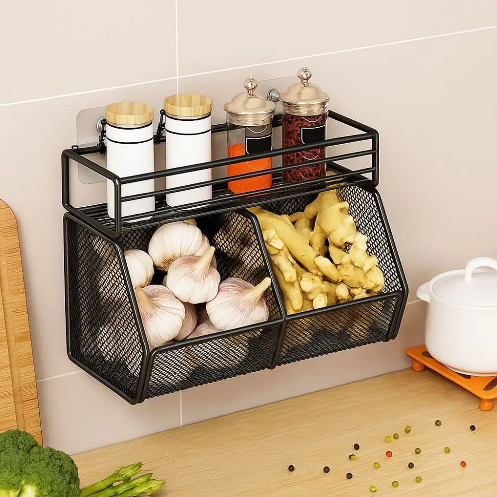 Wall Mounted Kitchen Storage Basket Punch-Free Carbon Steel Vegetable Drainage Basket Grid Onion Ginger Garlic Rack