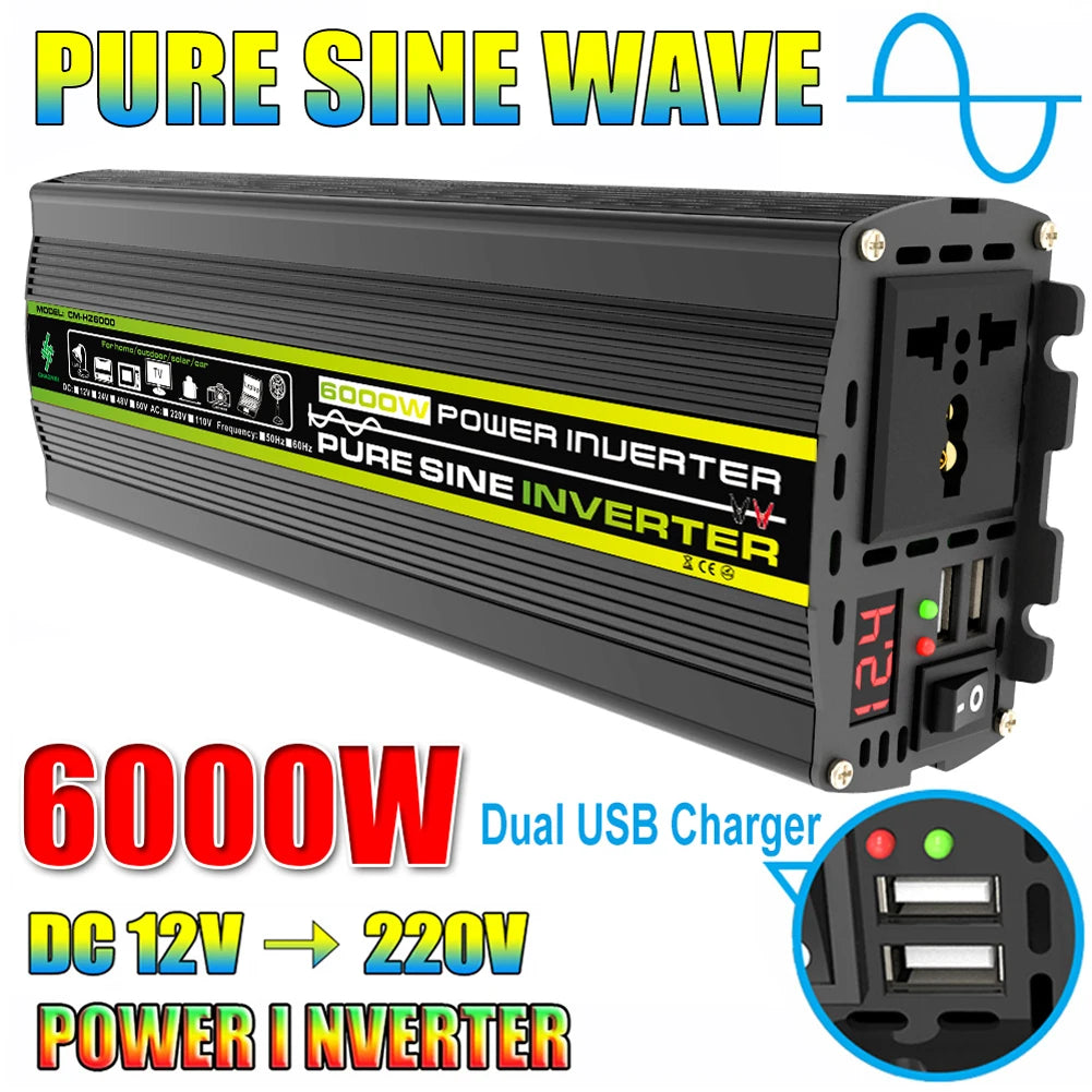 10000W/12000W Car Inverter LCD Display Vehicle Smart Inverter DC 12 V To AC 220V Digital Pure Sine Wave Power Inverter