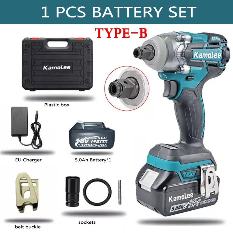 Kamolee 520N.m Brushless Electric Impact Wrench 1/2 and 1/4 Inch Household Wireless Charging Small 18V Battery Wrench Tool