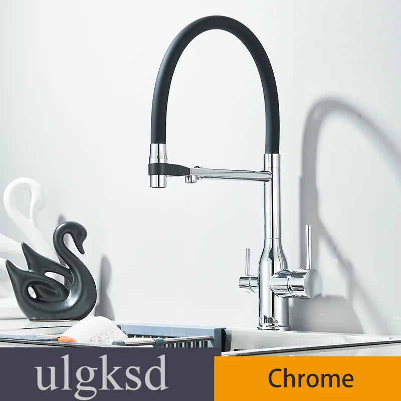 Kitchen Purified Water 2 Function Brass Cold and Hot Mix Faucet Black Flexible Water Pipe 360 Rotate Filtered Water Deck Install
