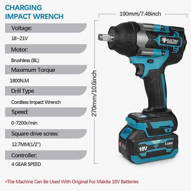 Electric Goddess Cordless Impact Wrench Torque Brushless Power Tool for Makita 21V Lithium-ion Battery
