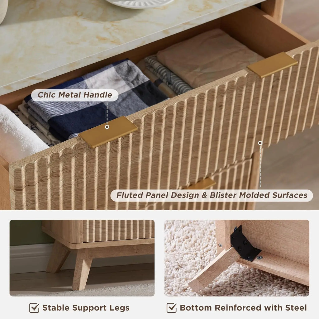 Fluted 6 Drawers Dresser, 54" Wide Modern Chest of Drawers ,Dresser TV Stand,for Bedroom, Living Room, Hallway, Natural Oak