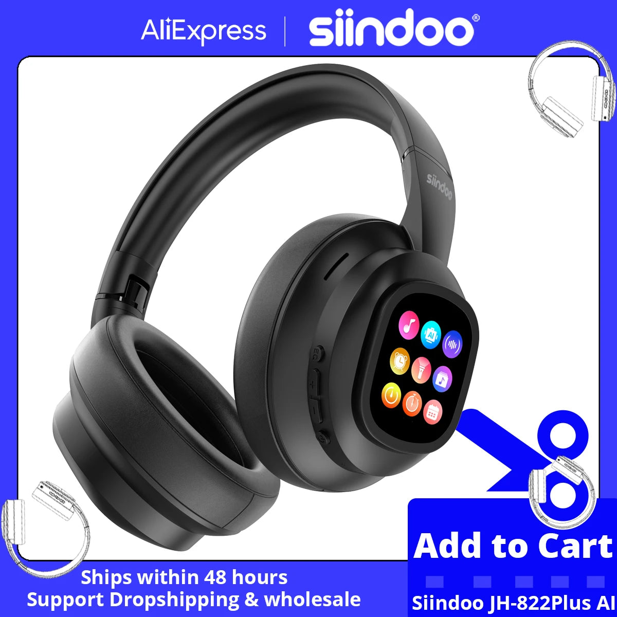 Siindoo JH-822Plus Wireless Headphone with Detachable Full Color Touch Screen BT5.4 Translation Function AI Assistant Smart Chat
