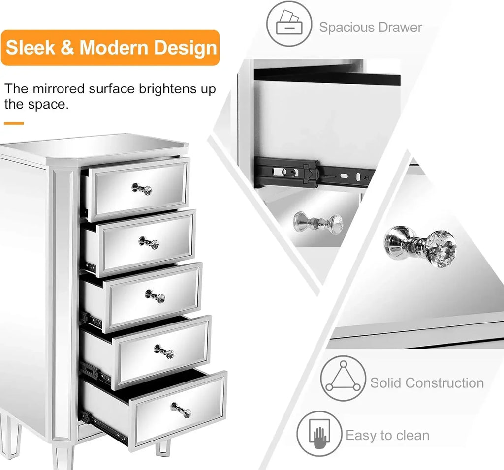 Mirrored Dresser 5 Drawers Modern Chest, Mirrored Chest of Drawers, Glass Dresser for Bedroom, Dressing Room, Living Room,Silver