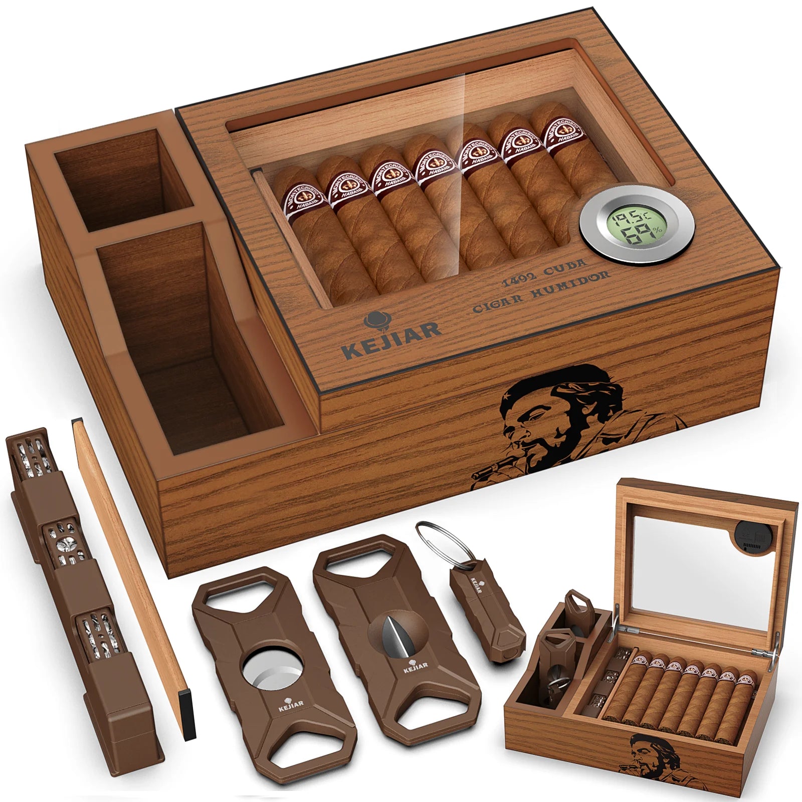 Cigar Humidor with Cigar Cutter,V-Cutter,Punch Set,Humidor Cigar Box with Humidifier and Digital Hygrometer,Glass Top Cedar Case