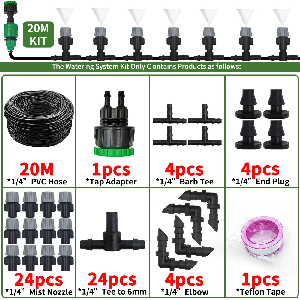 10-20M Automatic Watering Irrigation System Portable Misting Fog Nozzles Garden Hose Spray Head W/ 4/7mm Tee Connector for Patio