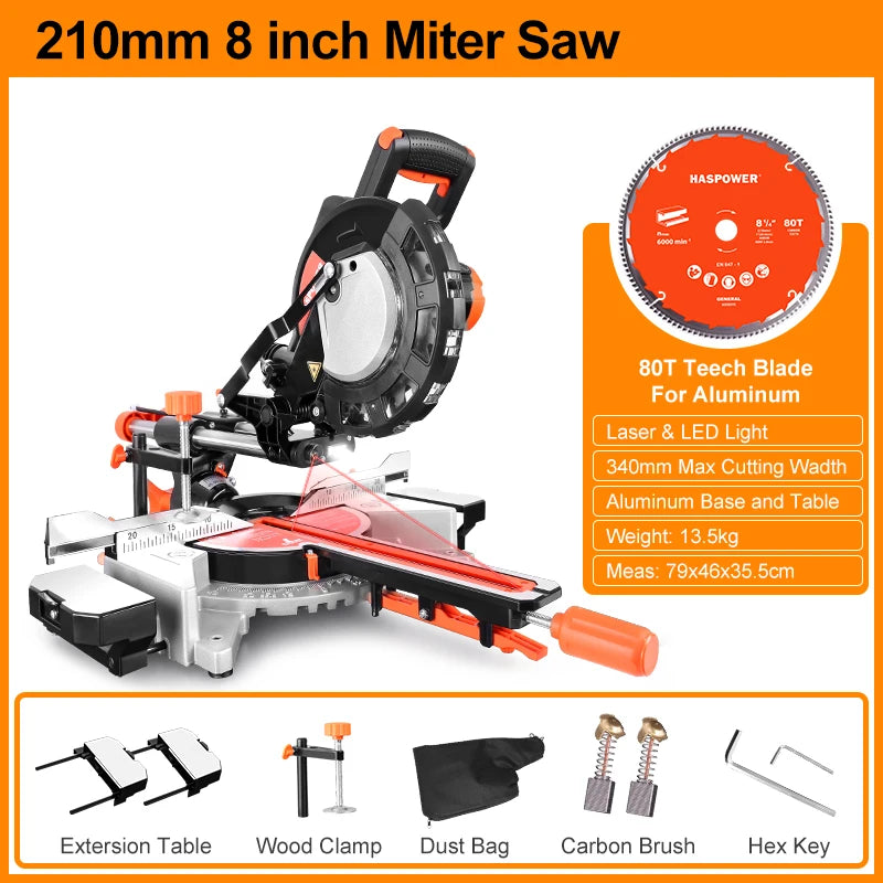 HASPOWER 8 Inch 210mm Sliding Miter Saw Single Bevel With Laser LED Light Electric Power Tool Cutting Machine