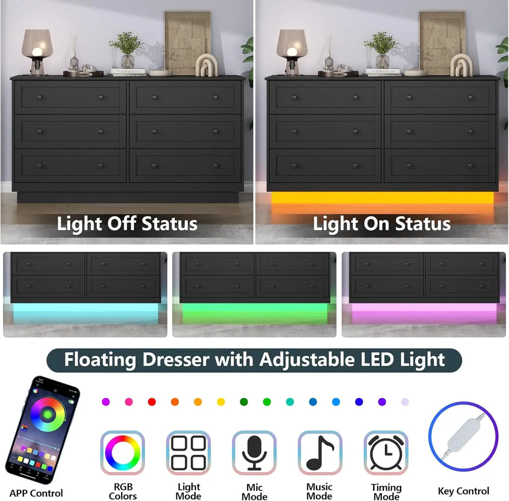 6 Drawer Dresser with Power Outlet, Modern Chest of Drawers with Led Light, Double Wide Drawer Organizer Cabinet
