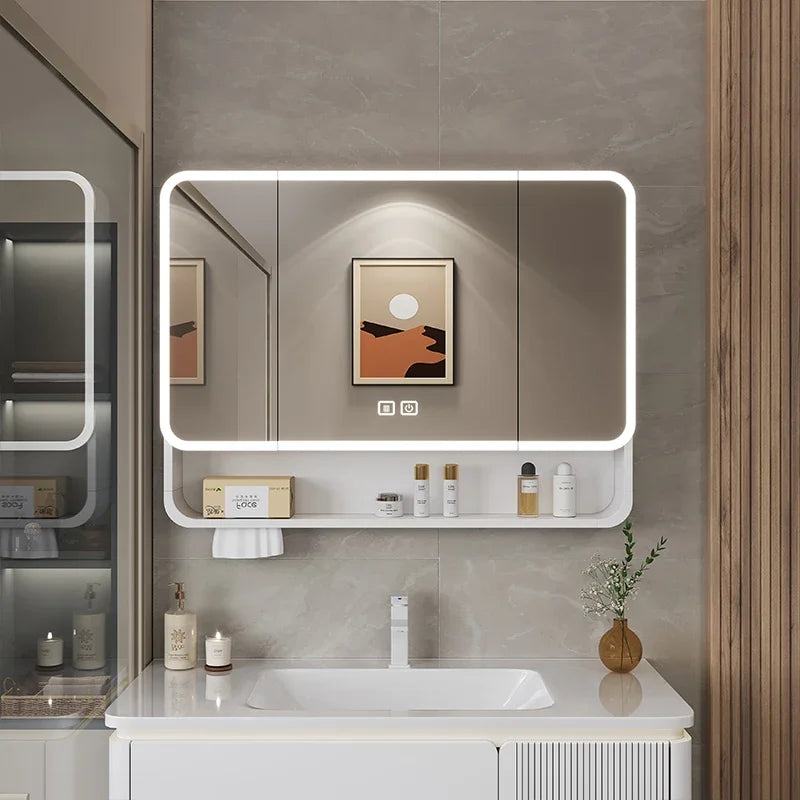 Aluminum Alloy Arc Smart Bathroom Mirror Cabinet Wall Mounted Storage Locker LED Light Bathroom Furniture Muebles Para Baño FYBC