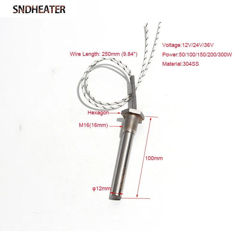 SNDHEATER 12V 24V 36V M16 Thread Cartridge Heating Element with Nut 12x100MM 50W/100W/200W Low Voltage Heater Rod for Water Tank