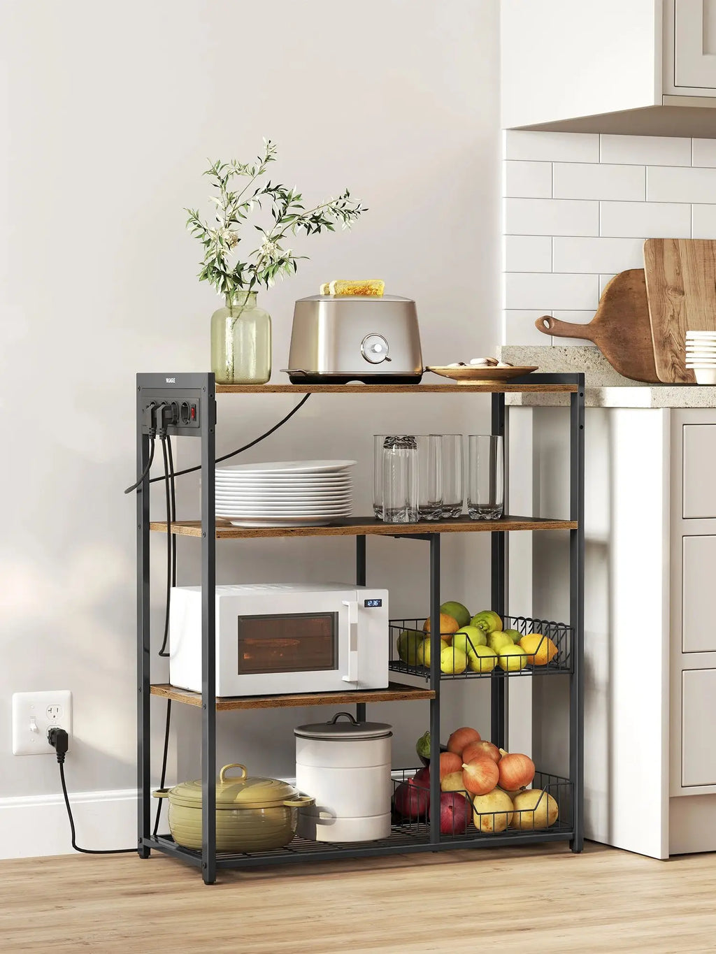 VASAGLE Kitchen Rack with sockets, 2 Metal Baskets, Microwave Shelf, 35x80x93.5 cm Industrial Design