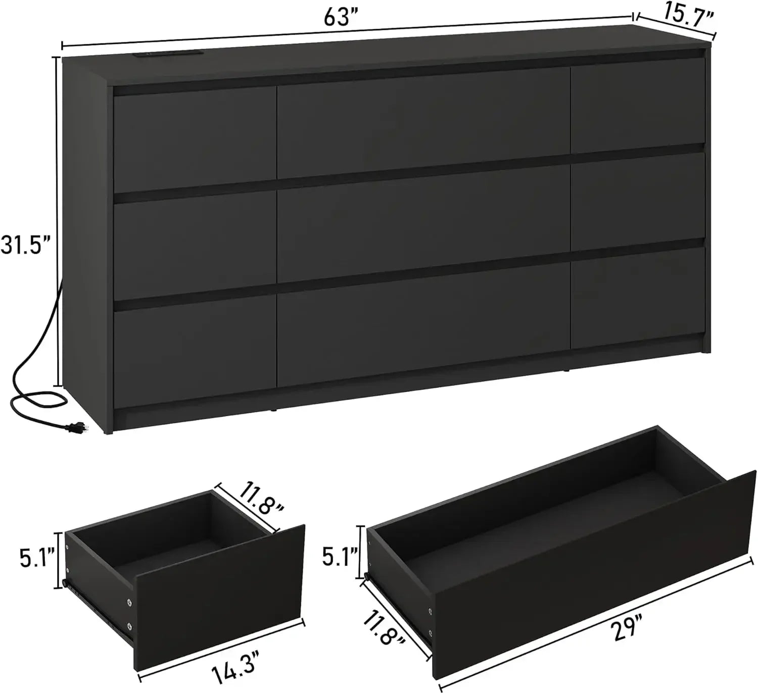 Black Dresser for Bedroom, 63 Inch Long Charging Station, Modern Large Wood Chest Living Room, Entryway, Hallway, Black