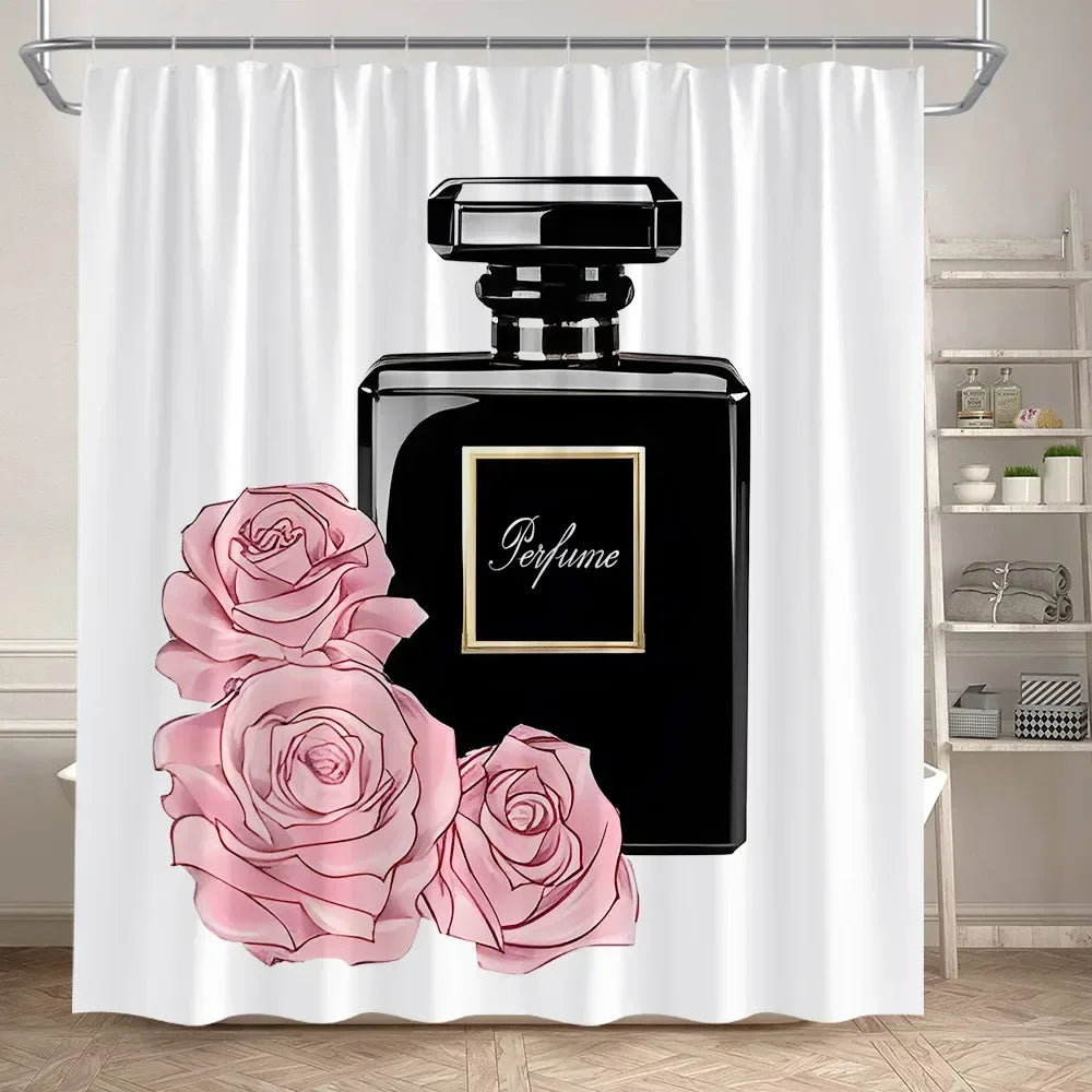 Fashion Perfume Shower Curtain Set Pink Rose Flower Modern Woman Girl Home Bathroom Decor Non Slip Rug Bath Mat Toilet Lid Cover