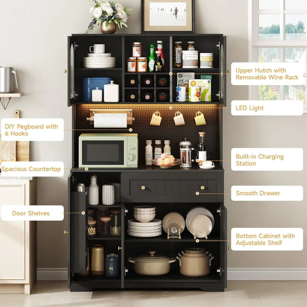 71" Kitchen Pantry Cabinet with Microwave Shelf & Door Shelves, Kitchen Hutch with Outlet & LED Light, Wood Pantry Storage