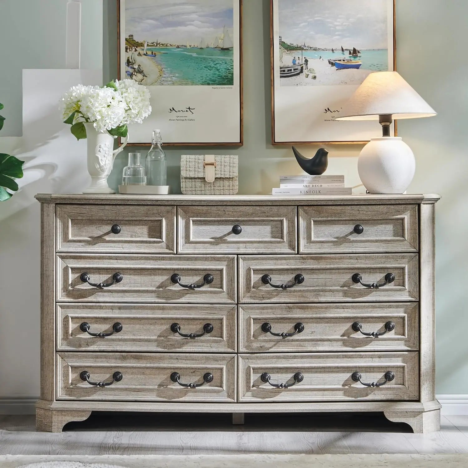 Farmhouse 9 Drawers Dresser for Bedroom, 54" Wide Wood Rustic Chest of Drawers with Natural Texture, Vintage Design, Storage