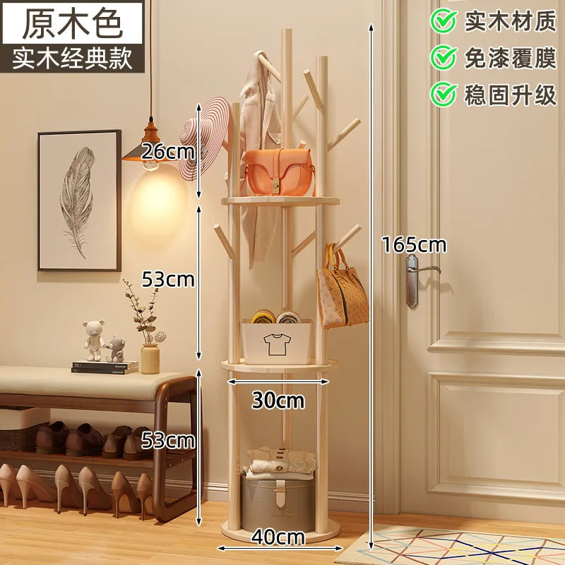 Rotating Wooden Coat Rack Durable Floor Standing Clothes Hanger Bedroom Clothes Rack Stand Space-Saving Storage Rack