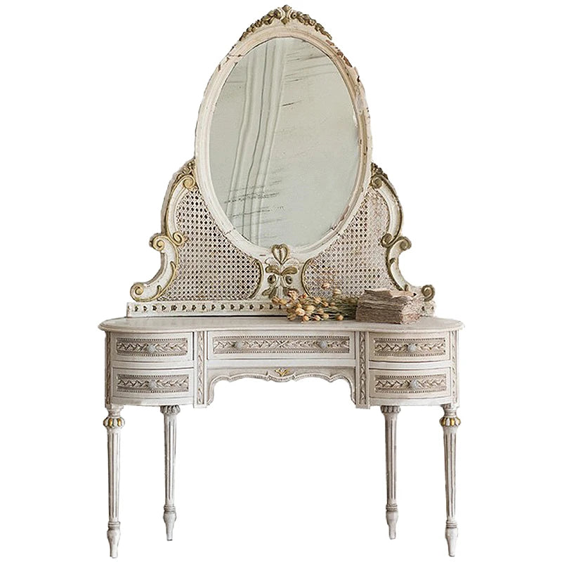 European French retro old solid wood dresser rattan bedroom white makeup table with mirror arc customization