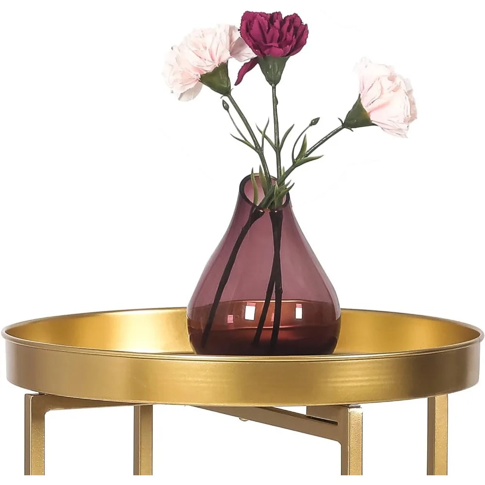 Tray Metal End Table, Gold Round Foldable Side Table Small Decorative Sofa Snack Coffee Plant Stand Table (Golden Tray)