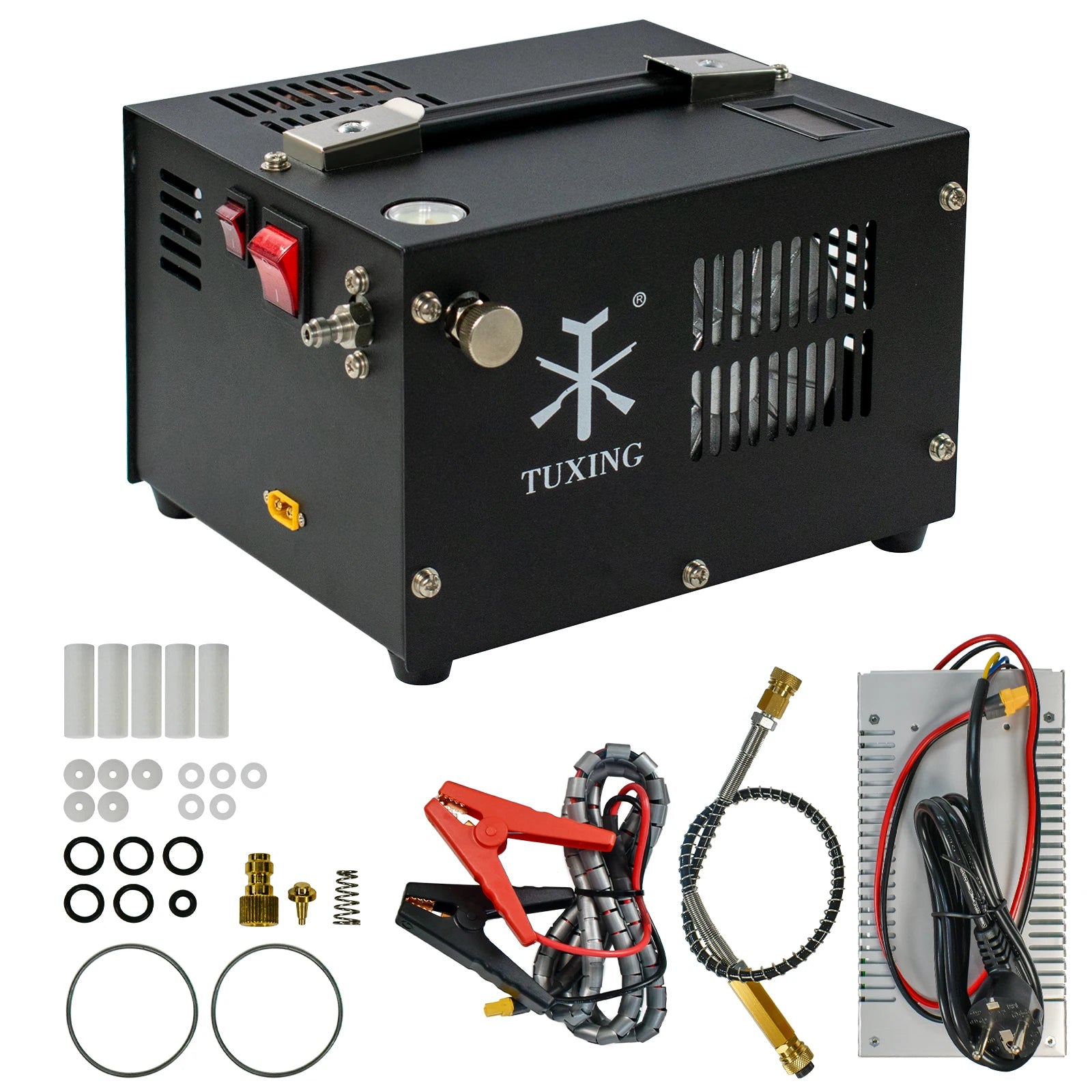 TUXING TXES061 300Bar 12V PCP Air Compressor 4500Psi Portable High Pressure Compressor with Transformer for Diving Scuba Tank