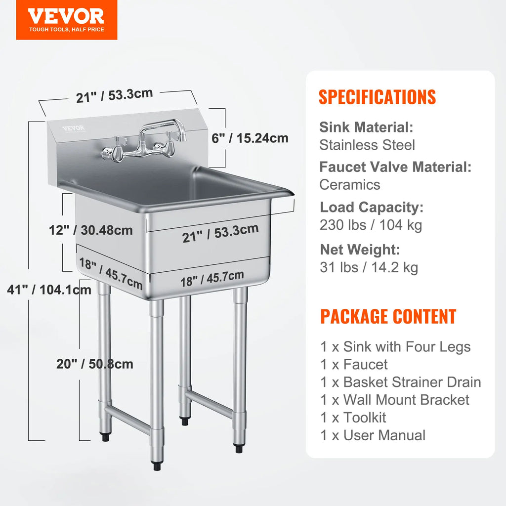 VEVOR Stainless Steel Kitchen Prep & Utility Sink 1 Compartment Restaurant Commercial Steel Sink w/Faucet for Restaurant Home