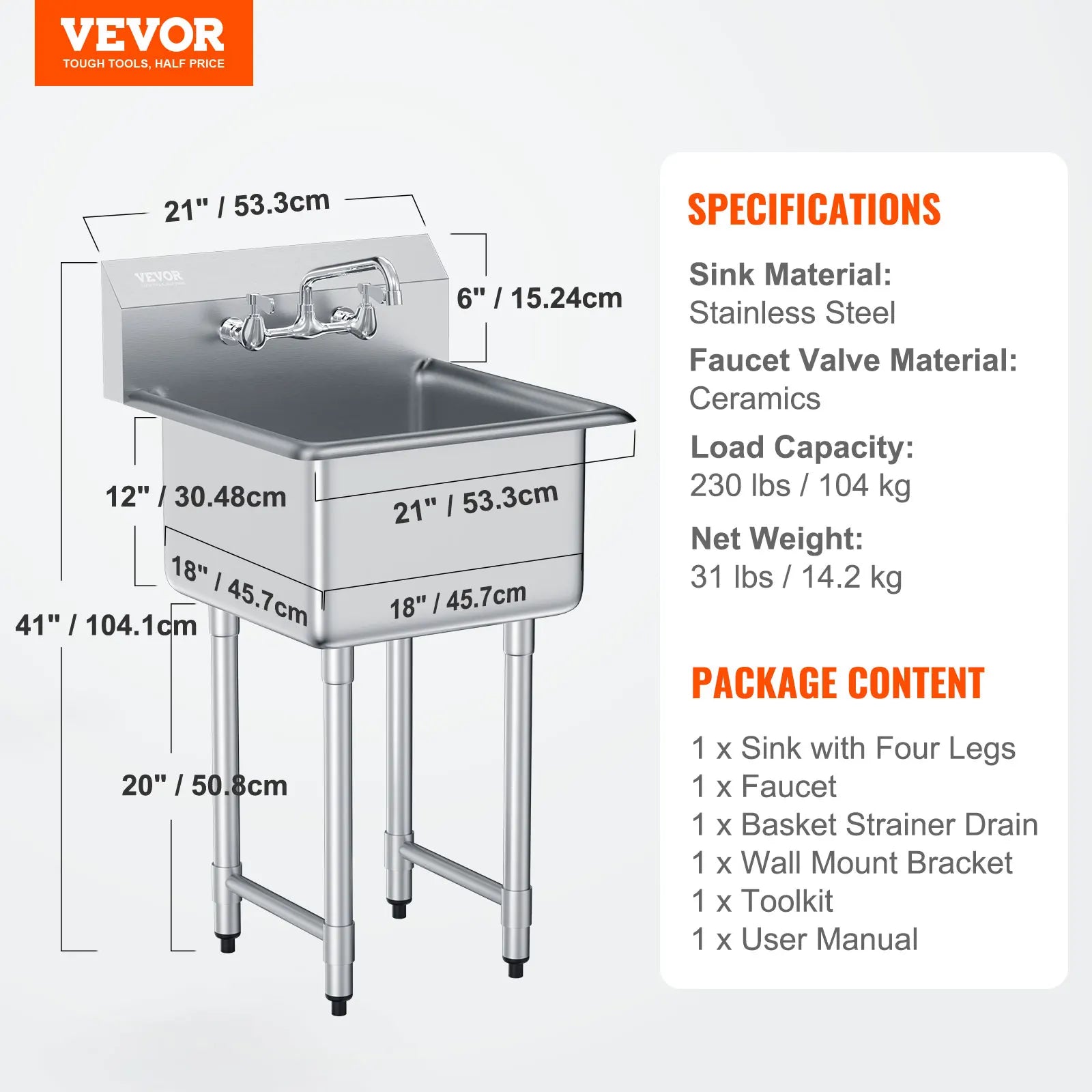 VEVOR Stainless Steel Kitchen Prep & Utility Sink 1 Compartment Restaurant Commercial Steel Sink w/Faucet for Restaurant Home