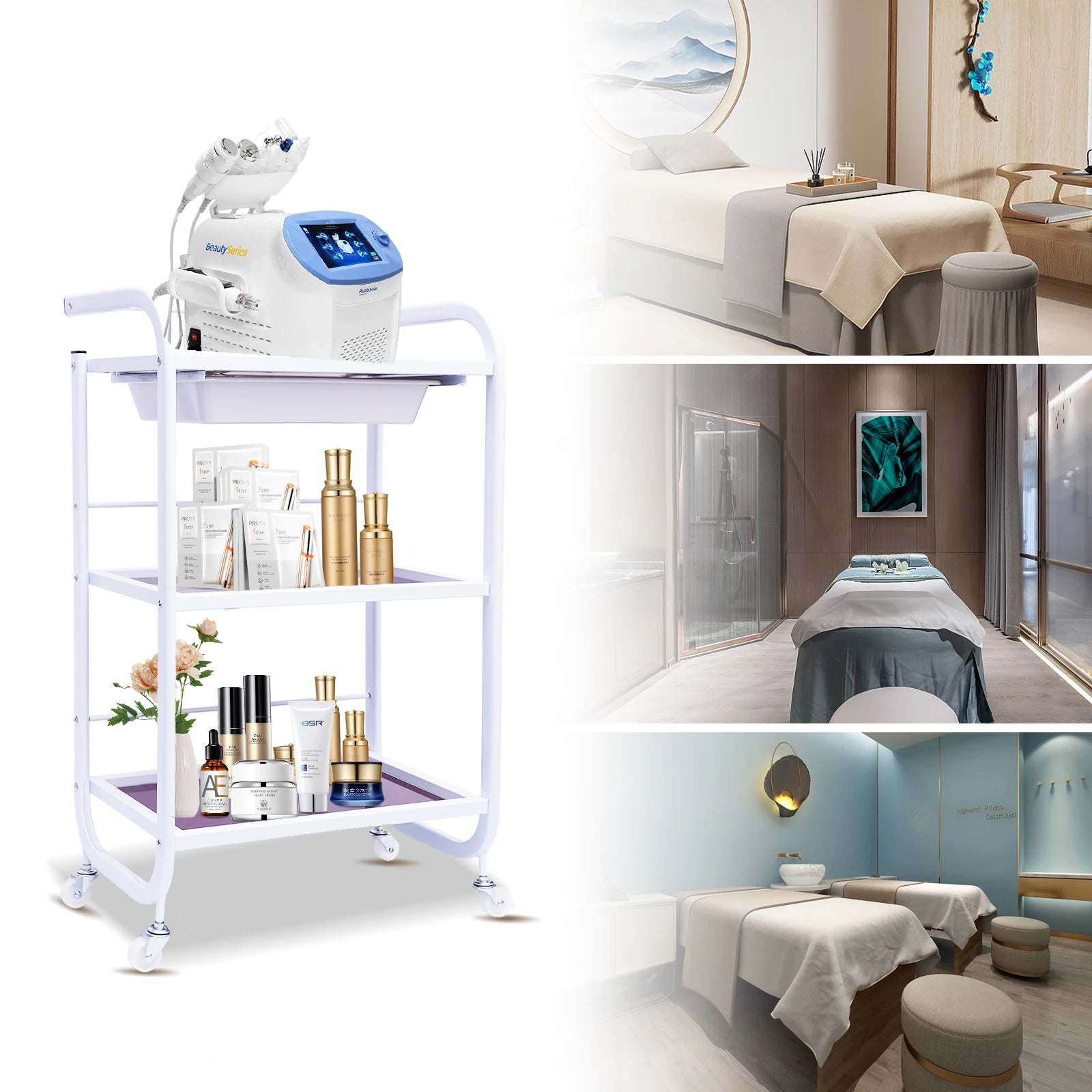Meal Salon Trolley Rolling Cart Frame Storage Shelf Wheelcart with 3-Tiers and 1 Drawer White for Spa  Salon and Hairdresser