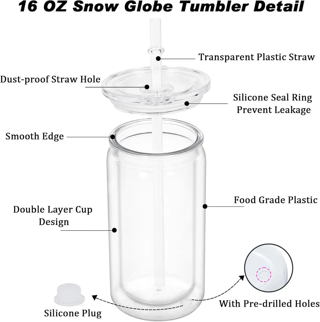 16 oz Plastic Snow Globe Tumbler, 16 Pack Double Wall Snowglobe Tumbler with Pre Drilled Hole, Plastic Mason Jar Cups Can(Clear)