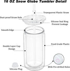 16 oz Plastic Snow Globe Tumbler, 16 Pack Double Wall Snowglobe Tumbler with Pre Drilled Hole, Plastic Mason Jar Cups Can(Clear)