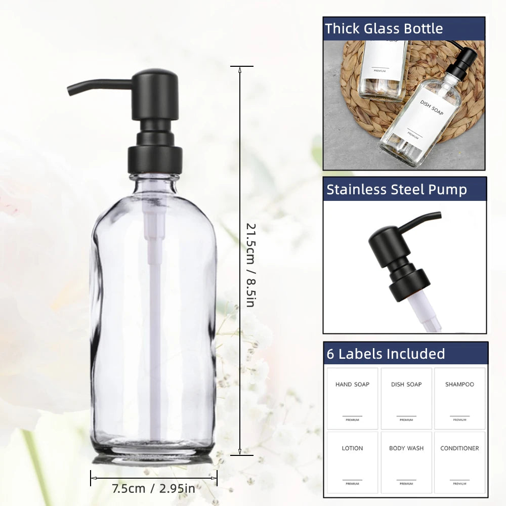 Clear Glass Soap Dispenser Set for Bathroom, Kitchen Liquid Hand Dish Soap Dispenser with Stainless Steel Pump, 2pcs 16 Oz 500ml