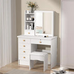 Vanity Desk with Sliding Mirror, Bedroom Dressing Table, Makeup Desk with 6 Drawers, Open Shelves, Hidden Storage Space