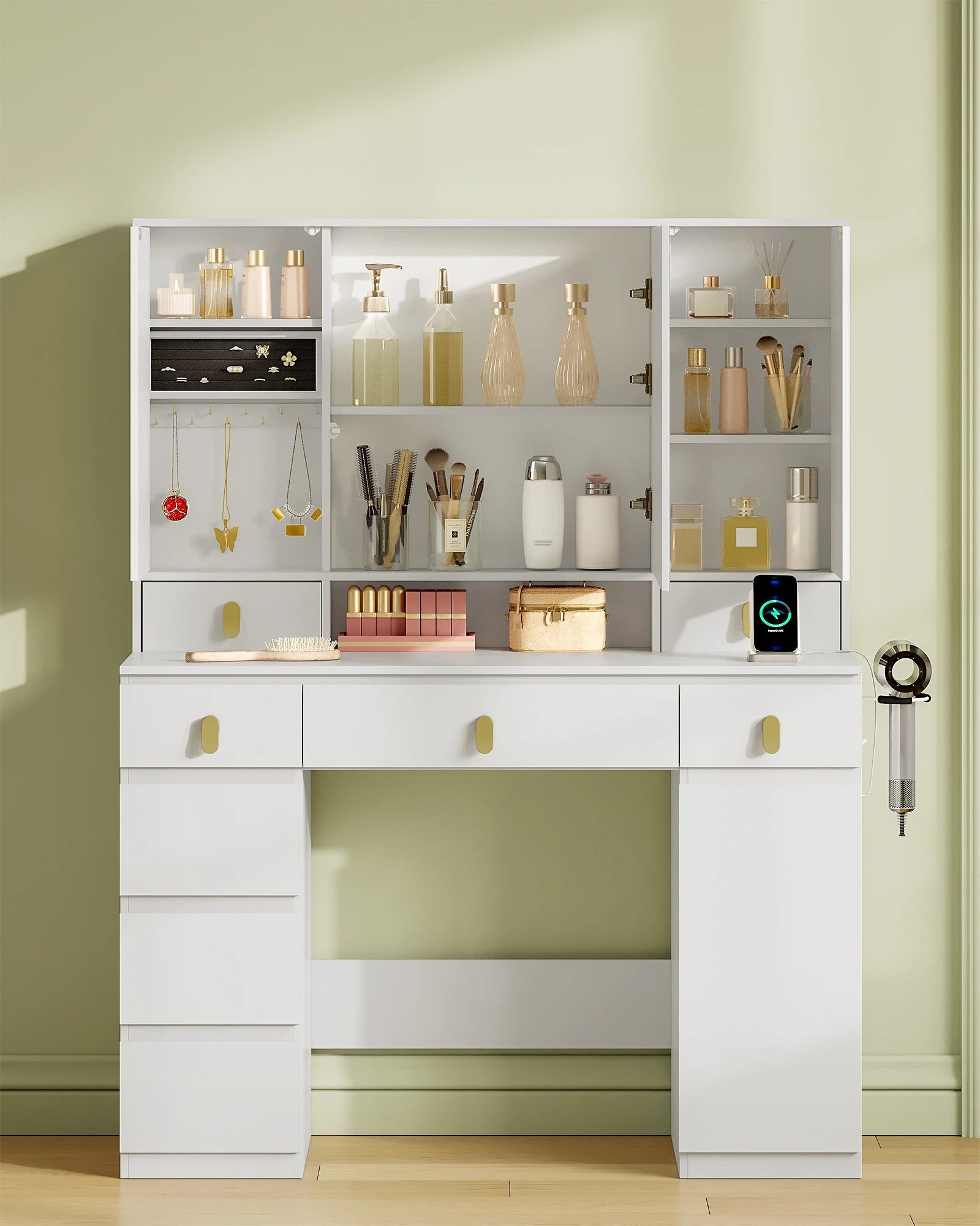 Hzuaneri Dressing Table with Mirror, LED Lighting, Power Strip and Hair Dryer Holder, 3 Colours, Brightness Control, 8 Drawers
