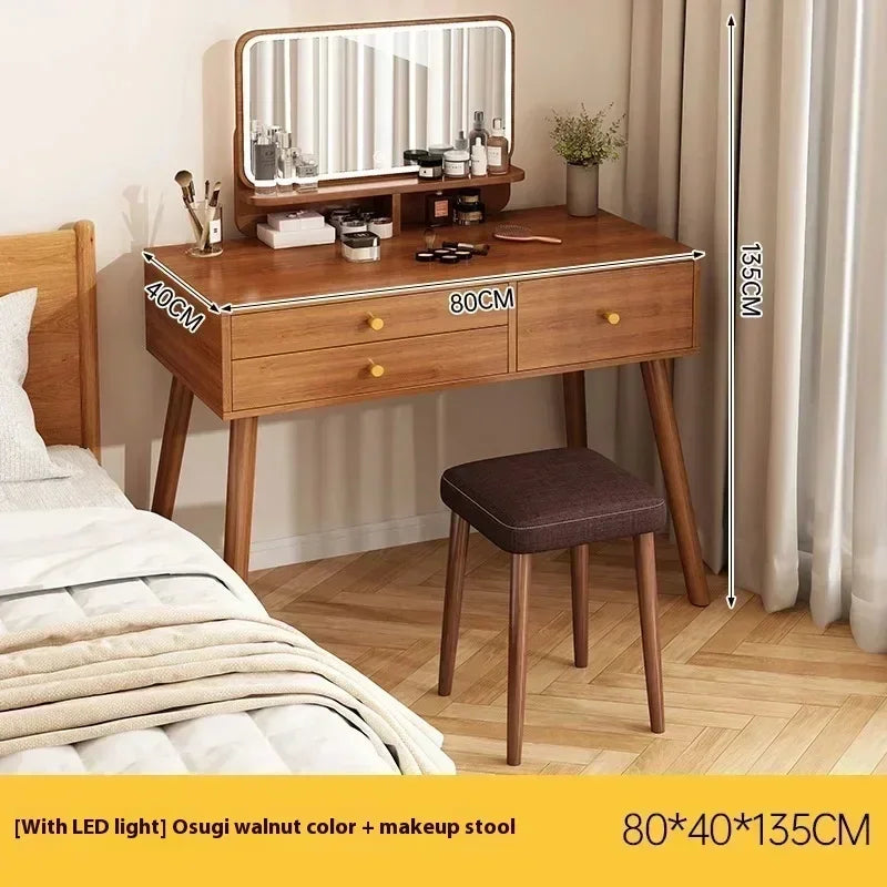 Minimalist Retro Dressers for Bedroom Walnut Color Dressing Tables with Mirror Chair Makeup Dresser Vanity Bedroom Furniture2025