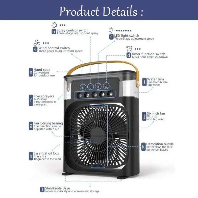 Portable Humidifier Fan 3 in 1 Air Conditioners USB Electric Fan LED N
